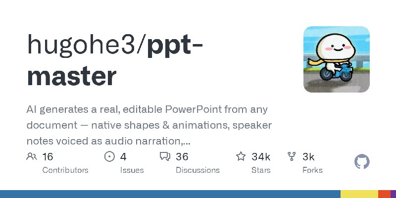 GitHub - hugohe3/ppt-master: AI generates a real, editable PowerPoint from any document — native shapes & animations, speaker notes…