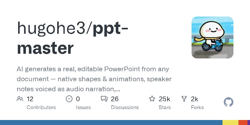 GitHub - hugohe3/ppt-master: AI generates a real, editable PowerPoint from any document — native shapes & animations, speaker notes…