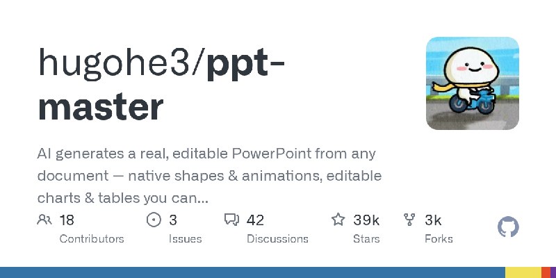 GitHub - hugohe3/ppt-master: AI generates a real, editable PowerPoint from any document — native shapes & animations, editable…