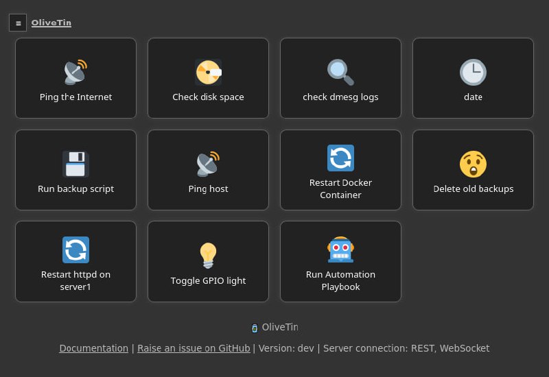 OliveTin: 脚本命令面板一个简单粗暴的面板如图所示可能还是有点实用的😘 OliveTin🧐 频道资源合集  😄 恰饭推荐  💬 群组#programmingOliveTin: 脚本命令面板一个简单粗暴的面板如图所示可能还是有点实用的😘 OliveTin🧐 频道资源合集  😄 恰饭推荐  💬 群组#programming